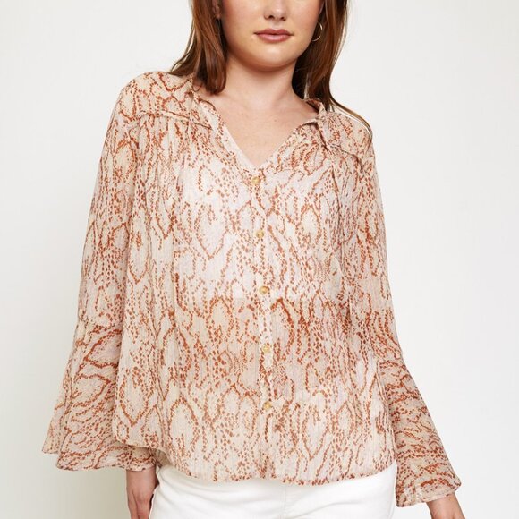 MYSTREE Neutral Snake Print Sheer Blouse, Lightweight Chiffon Button Down - Picture 4 of 8